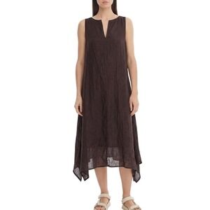SARAH PACINI Linen Blend Asymmetric Sleeveless Aubergine Brown Shift Dress 01